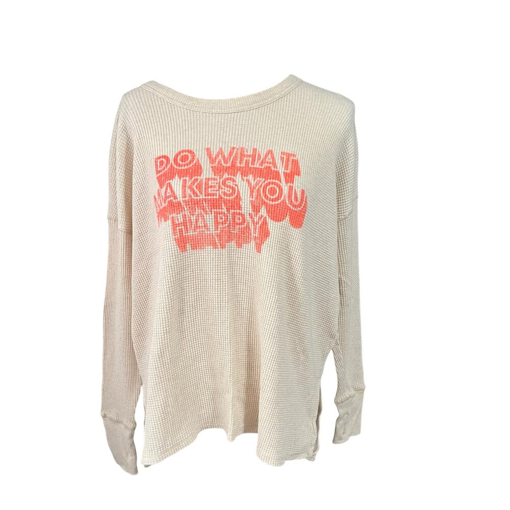 Offline by Aerie Women's Beige HAPPY Thumb Holes Waffle Knit Oversized Top Sz S